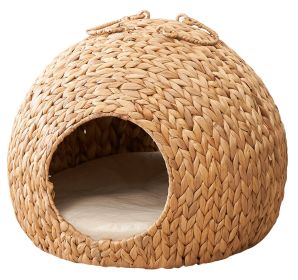 Water Hyacinth Woven Wicker Round Cat Bed Cave With Handles (Color: Yellow)